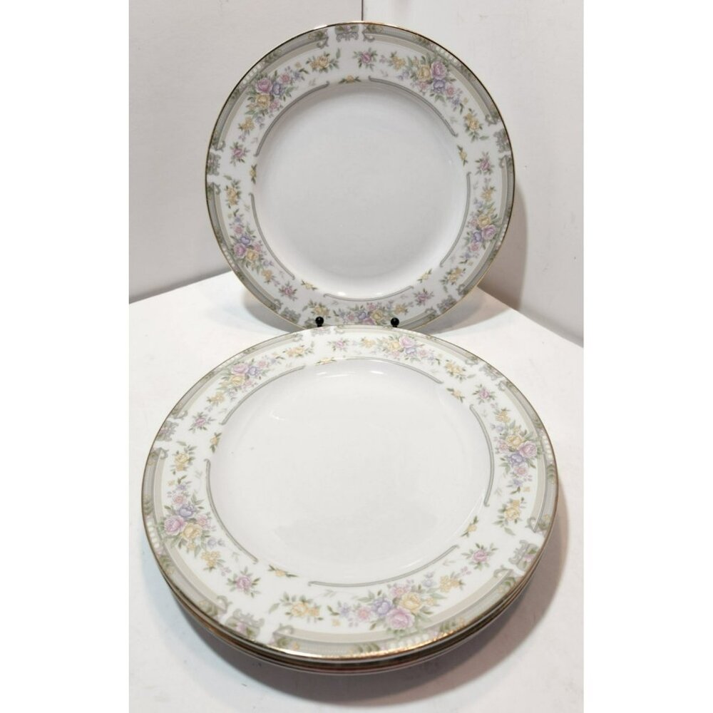 Vtg Farberware XL Excel Southampton Dinner Plate Set of 4 Floral Gray Band